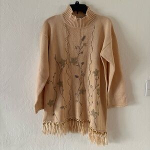 Storybook Knits 90s Womens M Sweater Cream Floral Beaded Fringe Asymmetrical